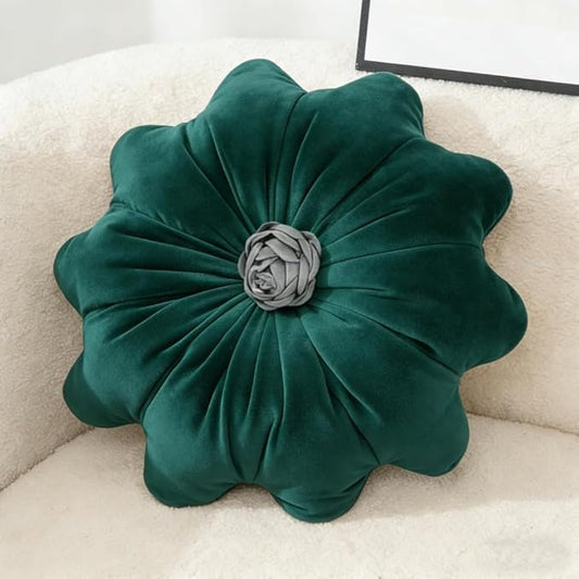Flower Pillow Cushion Round Decorative Throw Pillow 15.7 Velvet Flower Shaped Pillow for Sofa Couch Vanity Chair Bed (Dark Green)