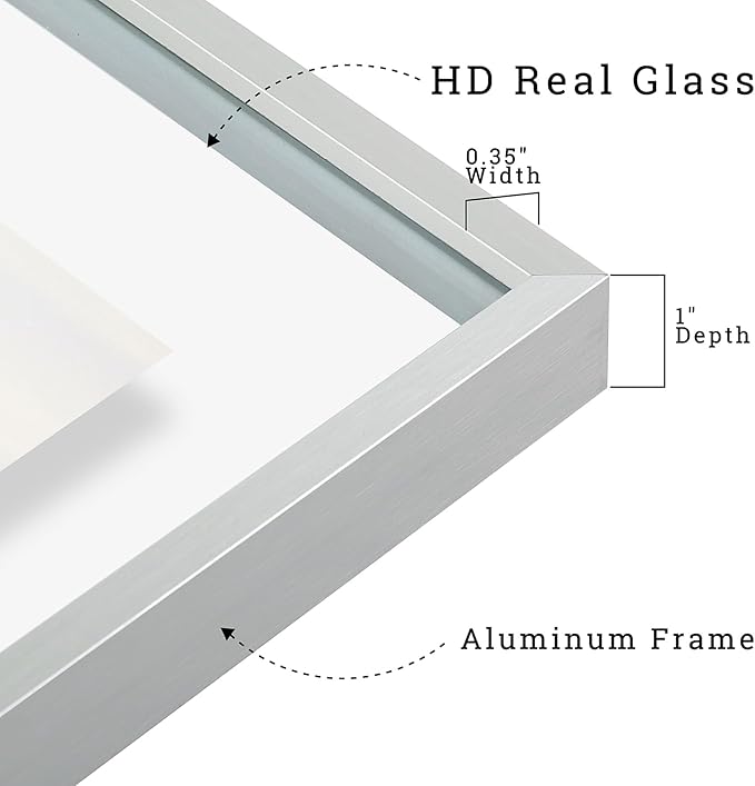 Frametory, Floating Picture Frames Set - Silver Metal Photo Frames - Real Glass - Displays One 11X14, Two 8X10, And Four 5X7 Inch Photos for Home Decoration