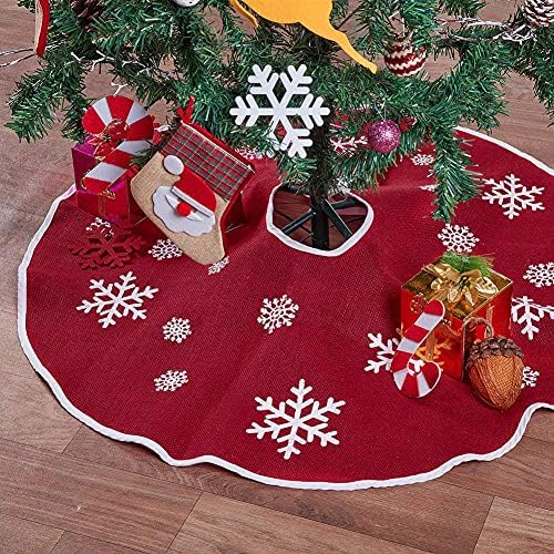 36 Inch Red Burlap Christmas Tree Skirt with White Snowflakes - Image 4