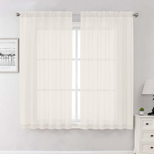 Lecloud Ivory Sheer Curtains 63 Inch Length 2 Panels Set, Rod Pockets Voile Bedroom Curtains for Living Room, Soft Light Filtering Window Treatments Drapes for Bathroom, Each Panel 59" W x 63" L
