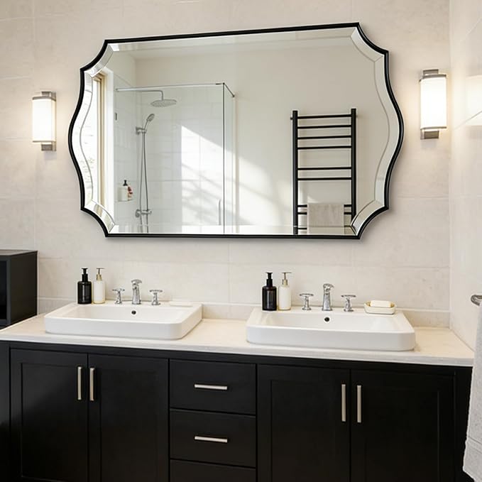 POZINO Scalloped Beveled Mirror, 30"x48" Modern Rectangle Mirrors for Over Sink, Large Wavy Decorative Mirrors, Irregular Shaped Mirror for Vanity Bathroom Living Room Bedroom Fireplace Entryway