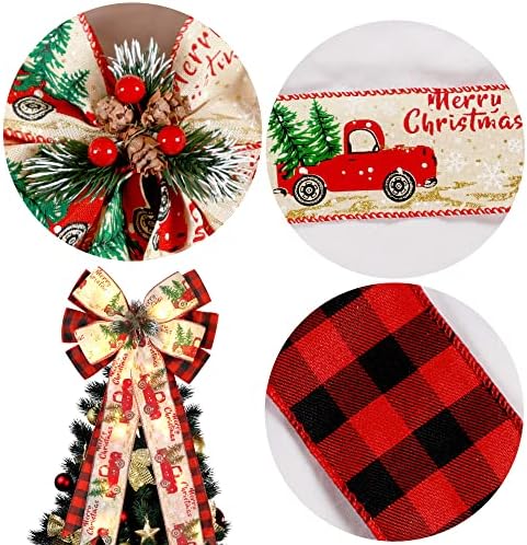 Christmas Tree Topper Bow with 30 LED Lights Decorations, 13?€?x25?€? Xmas Large Red Black Buffalo Plaid Rustic Farmhouse Wreath Bows with Truck Berries Pine Cones Pine Needles for Front Door Outdoor - Image 4