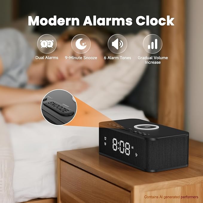 Digital Alarm Clock White Noise, Loud Digital Alarm Clocks Bedrooms, Alarm Clock Speaker Wireless Charger AUX USB Bluetooth Speaker 12/24H Dual Alarm Snooze Adjustable Brightness, Black - Image 6