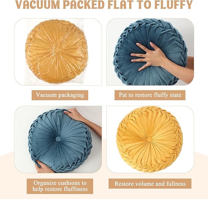 Drydiet 3 Pcs Round Throw Velvet Pillows Decorative Pleated Throw Pillows 15'' Diameter Accent Pumpkin Boho Chair Cushion for Couch Sofa Home Decoration (Yellow,Brunt Orange,Blue)