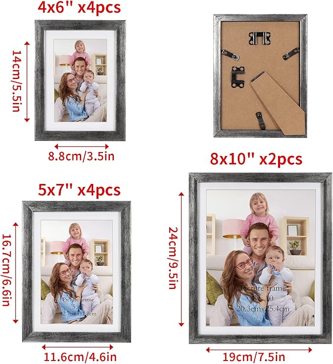 Giftgarden Antique Silver Picture Frames Assortment for Multiple Sizes Photos, Four 4x6, Four 5x7, Two 8x10, Gallery Frame Collage for Wall or Tabletop, Set of 10, Rustic Distressed Silver