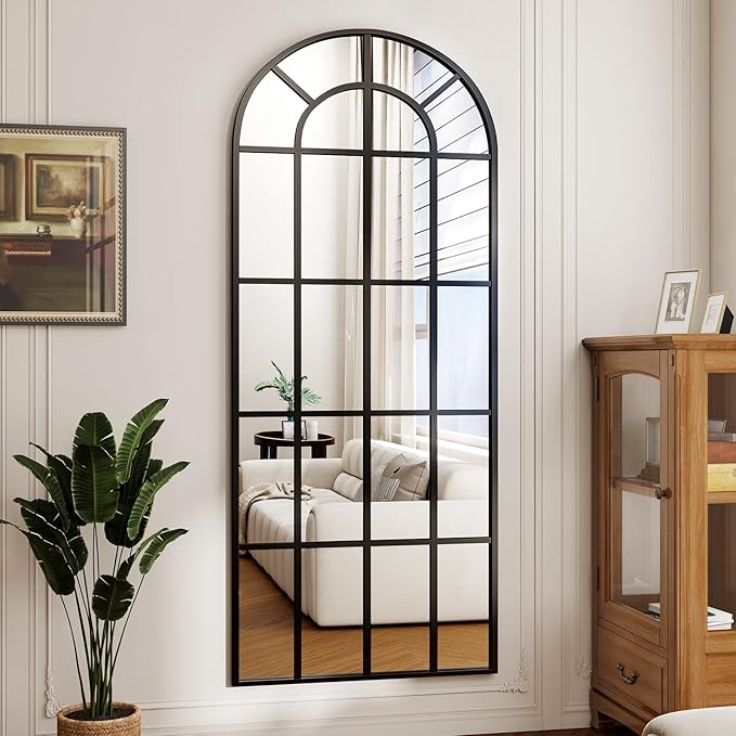 Full Length Mirror, 25"×69" Window pane Arched Mirror Full Body Floor, Grid-Designed Decorative Farmhouse with Metal Frame Hanging or Leaning for Entryway, Living Room, Home Decor, Black