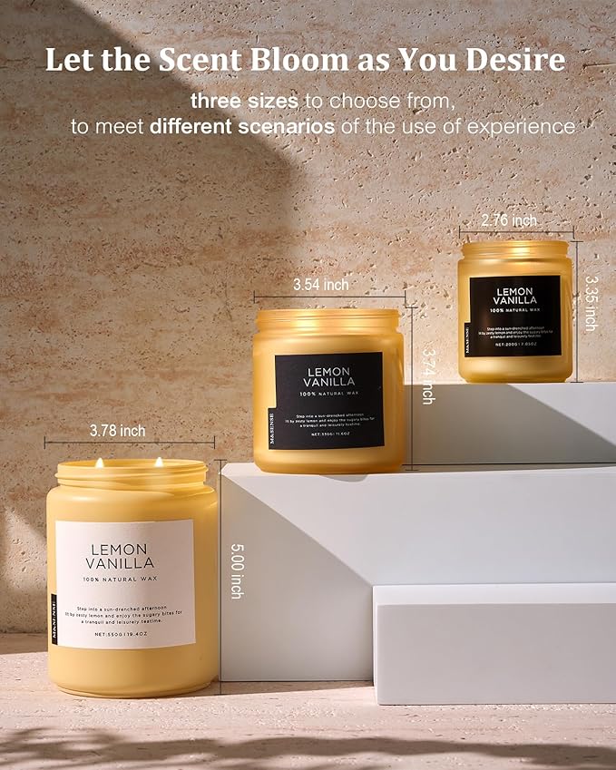 M&SENSE Lemon Vanilla Scented Candles, 19.4oz Organic Soy Wax, 110 Hours Long Lasting Slow Burn, Natural Candles Non Toxic, Fruity Scent Stress Relief Gifts for Women, Home Fragrance for Bath