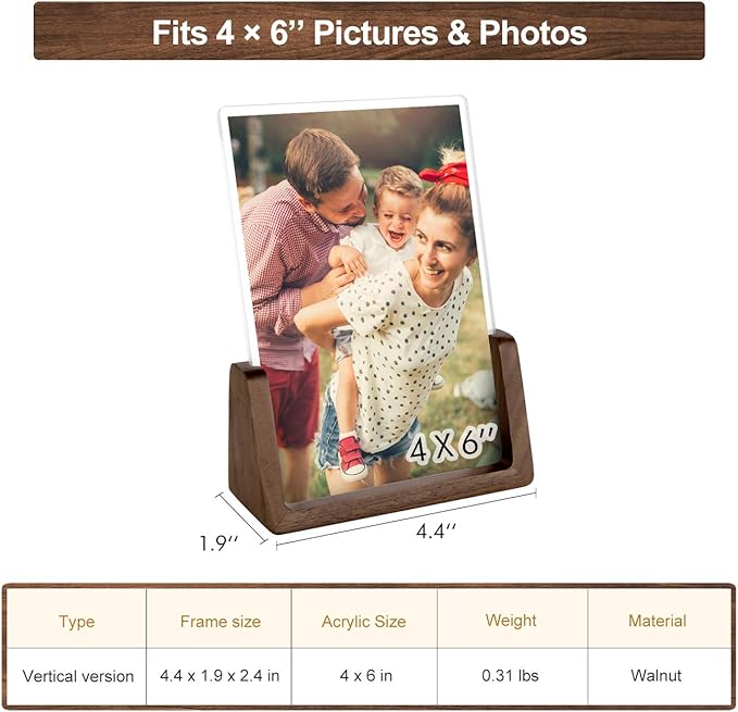 Mixoo 4x6 Picture Frame 2 Pack - Rustic Wood Picture Frames with Walnut Wooden Base and High Definition Break Free Acrylic Frame Covers for Desk Tabletop Display (4x6 inch, Vertical + Vertical)