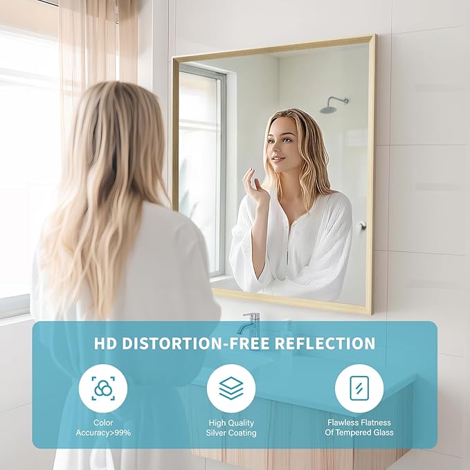 Oak Wood Effect Framed Wall Mirror, 30x36 Rectangle Mirror, Anti-desilvering Tempered Glass, Sustainable& Sturdy Frame, Farmhouse Mirror, Anti-Rust, 3min Fast Setup for Bathroom Living Room