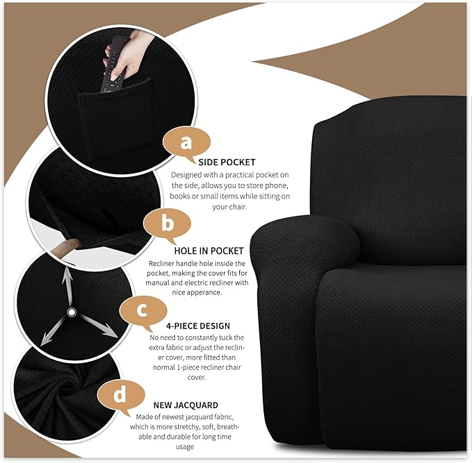 JIVINER Oversized Recliner Chair Covers 4 Piece Stretch Lazy Boy Recliner Sofa Slipcover Jacquard Large Recliner Covers with Elastic Bottom Soft Furniture Protector (XL Recliner,Black)