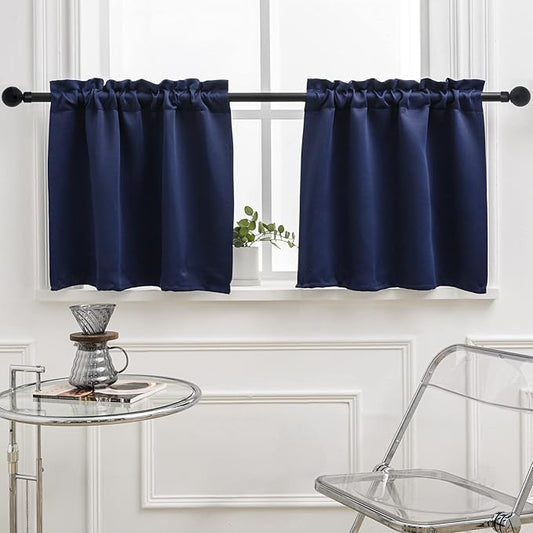 Pickluc 24 Inch Long Tier Curtains for Small Window Treatment, Short Blackout Curtain with Rod Pocket - Half Window Curtains for Kitchen, Cabinet, Basement, Camper, 2 Panels, Navy, 30 Inches Wide…