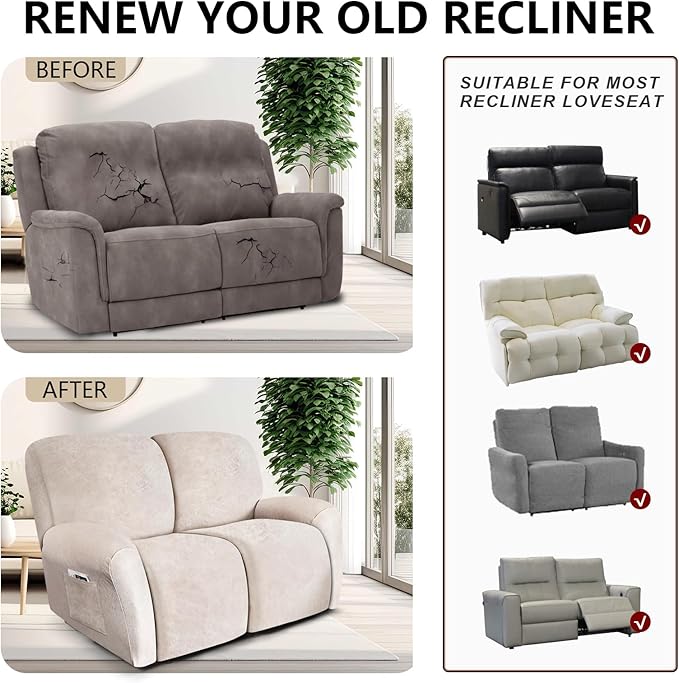 ANARACHON Loveseat Recliner Cover Leather Look Recliner Loveseat Covers Recliner Sofa Cover for 2 Seater Reclining Couch Spandex Fabric Washable 6 Pieces (2 Seater, 02 Beige)