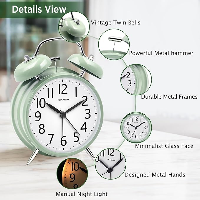 Peakeep Loud Battery Alarm Clock for Heavy Sleepers Adults Kids | Analog 4.5" Twin Bell Old School Fashioned Style for Bedrooms Living Kids?€? Room Decor (Avocado Green) - Image 4