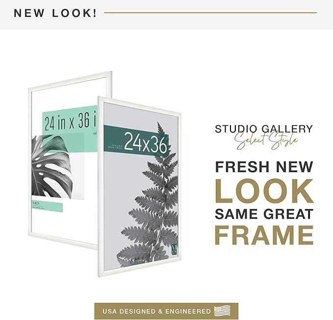 MCS Studio Gallery 24x36 Poster Frame White Woodgrain Engineered Wood, Vertical & Horizontal Wall Hanging Large Picture Frame for Photos, Posters & Art Prints (1-Pack)