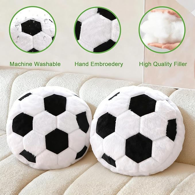 2Pcs Soccer Pillow Plush Round Throw Cushions, Realistic Soccer Ball Pillow for Couch Bedroom, Soft Fluffy Sports Decor Pillow, Ideal Soccer Decor Birthday Gift for Soccer Enthusiasts (15.8 Inch)