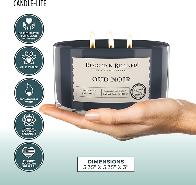 Candle-Lite Scented Candles for Men, Oud Noir Fragrance, 16.25 oz Jar, 3-Wick, 51 Hours of Burn Time, Masculine Aromatherapy with Long Lasting Scent, Ideal Gift for Father's Day and Home Decor