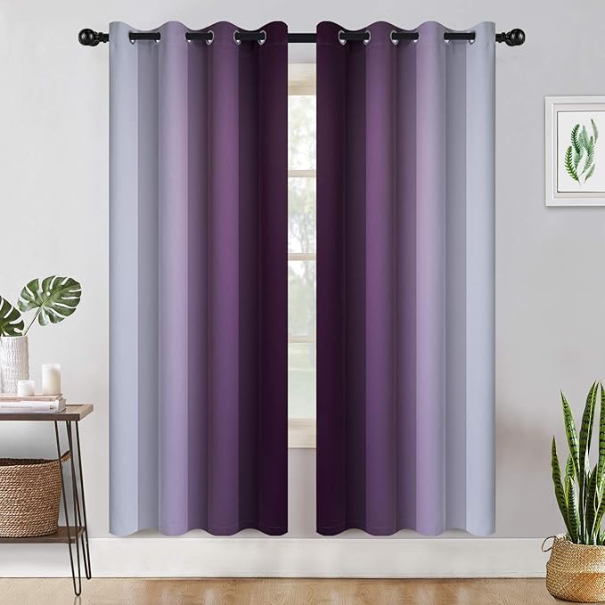 COSVIYA Grommet Ombre Room Darkening Curtains 72 inch Length 2 Panels,Purple and Grayish White Gradient Drapes Light Blocking Insulated Thermal Window Curtains for Bedroom/Living Room,52x72 inches