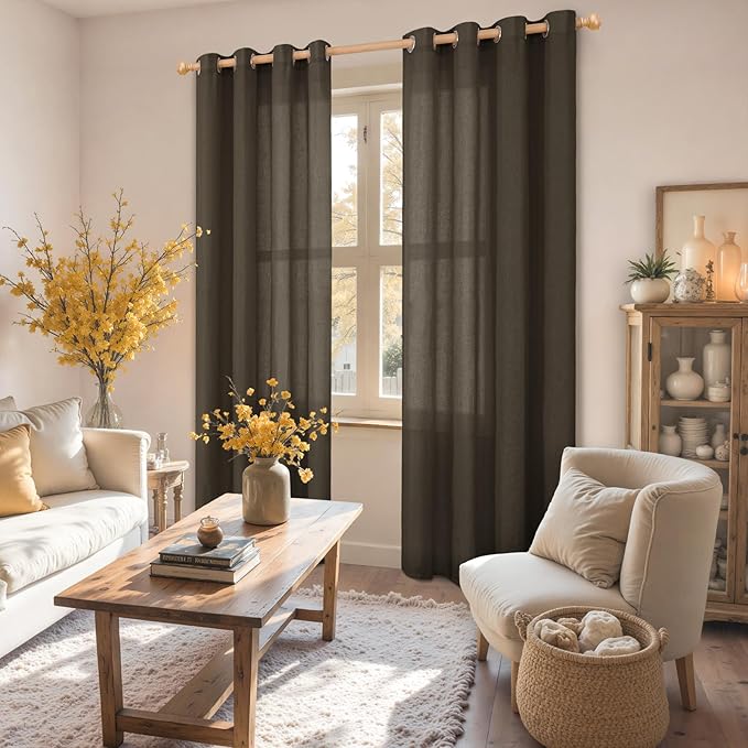 YoungsTex Brown Linen Semi Sheer Curtains 80 Inches Long for Living Room, Chocolate Light Filtering Drapes with Grommet Privacy Decorative for Bedroom, 2 Panels, 52 X 80 Inch