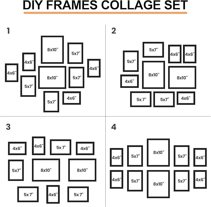 iRahmen Collage Picture Frames Set of 10, Wall Decor for Mounting or Tabletop Display, Family Photo Gallery Frame Set - Multi Sizes Including Two 8x10, Four 5x7, Four 4x6, HD Glass, Wooden, Gold