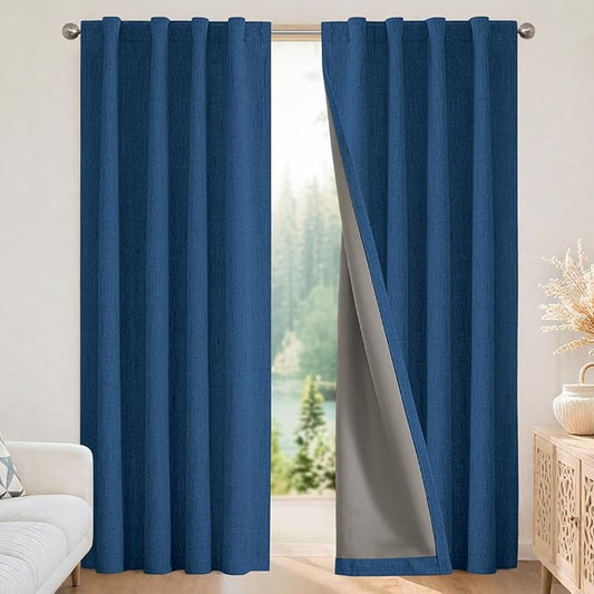 Joydeco Blackout Curtains for Bedroom - 100% Light Blocking 2 Panels Navy Blue Drapes 42" W x 90" L, Thermal Insulated Room Darkening Curtains, Linen Textured for Living Room, Rod Pocket & Back Tabs