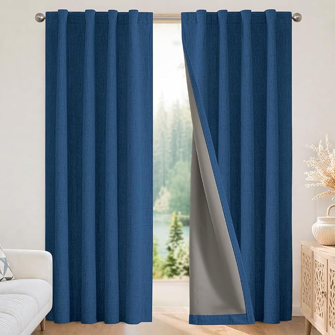 Joydeco Blackout Curtains for Bedroom - 100% Light Blocking 2 Panels Navy Blue Drapes 42" W x 96" L, Thermal Insulated Room Darkening Curtains, Linen Textured for Living Room, Rod Pocket & Back Tabs