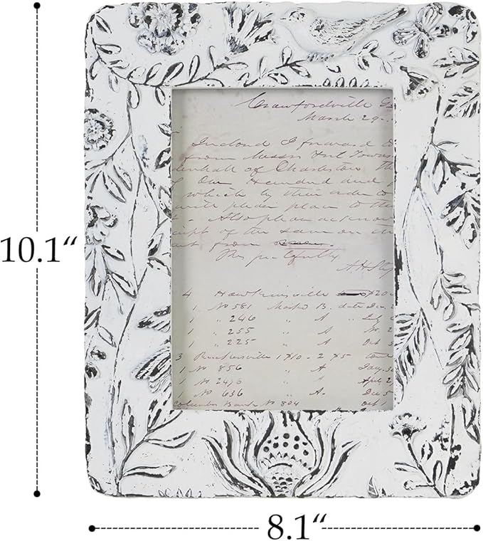 NIKKY HOME Farmhouse 5x7 Picture Frame Boho Photo Frame with 3D Botanical Leaf and Bird Textured and Rustic Whitewashed Finish, Hand-Crafted Resin Picture Frames with HD Glass for Tabletop Display