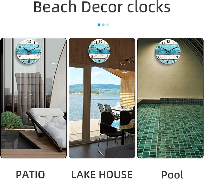 CHYLIN Wall Clock Beach Decor 12 Inch Coastal Nautical Ocean Clocks for Living Room, Silent Non Ticking Wall Clocks Battery Operated Decorative for Kitchen,Bedroom,Bathroom,Home(Blue)