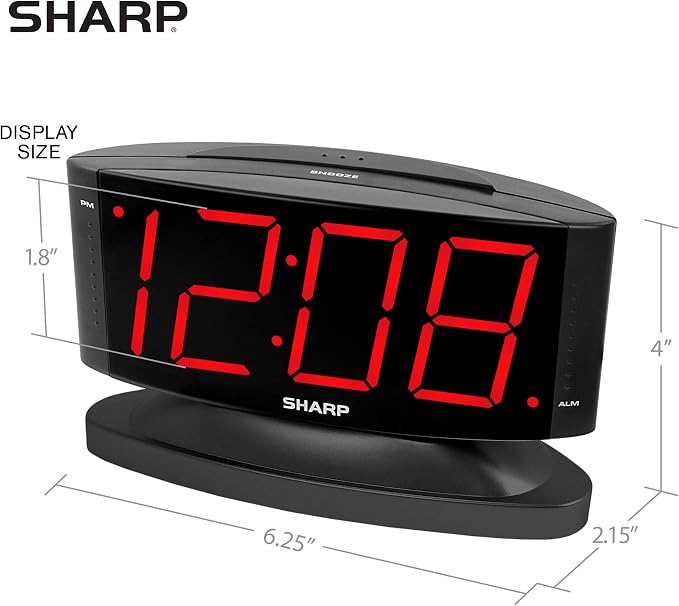 Sharp Outlet-Powered Alarm Clock with Swivel Base, Red LED and Dimmer | Outlet powered; Swivel base; Large red LED digits; Adjustable brightness; Snooze; Simple controls; Midnight Black - Image 5