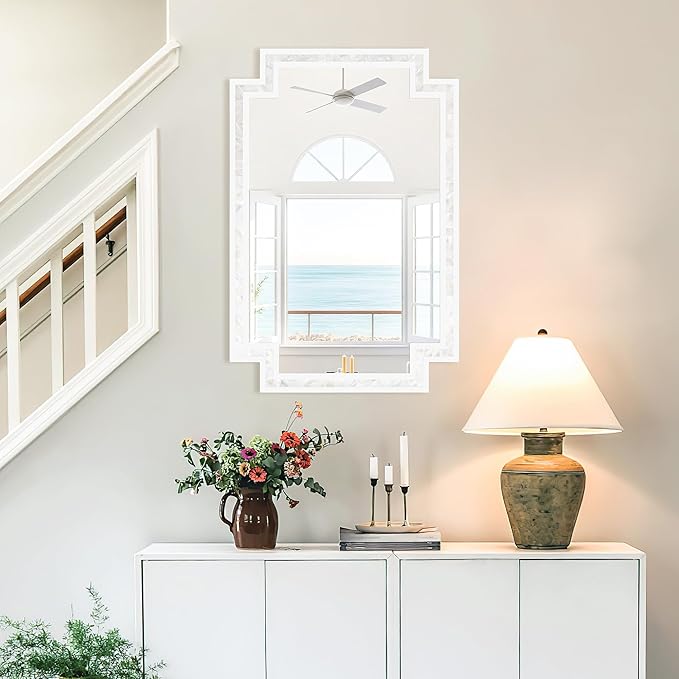 Tanmicoshomy 24 x 36 Inch White Bathroom Mirrors for Wall, Decorative Shell Inlay Mosaic Rectangle Mirrors with Tempered Glass for Bedroom, Living Room or Entryway