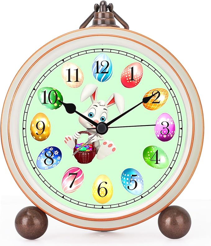 Maxspace 5.2in Cute Easter Egg Metal Table Clock, Quartz Movement Non-Ticking Small Alarm Clock with Battery Operated, HD Glass Bunny Desk Clock for Bedroom Living Room (Easter) by Maxspace