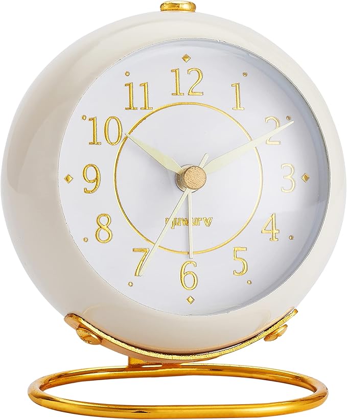 Metal Desk Clock, Retro Bedroom Table Vintage Analog Alarm Clock, Silent Non-Ticking Gold Clock, Bedside D??cor(Milk White)