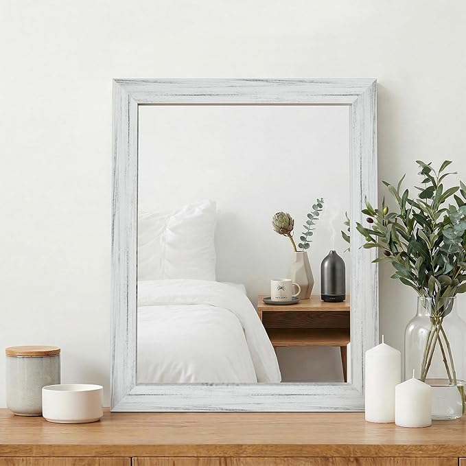 White Wood Effect Framed Wall Mirror, 16x20 Rectangle Mirror, Anti-desilvering Tempered Glass, Sustainable& Sturdy Frame, Farmhouse Mirror, Anti-Rust, 3min Fast Setup for Bathroom Living Room