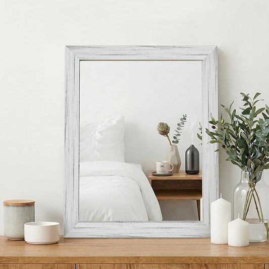White Wood Effect Framed Wall Mirror, 16x20 Rectangle Mirror, Anti-desilvering Tempered Glass, Sustainable& Sturdy Frame, Farmhouse Mirror, Anti-Rust, 3min Fast Setup for Bathroom Living Room