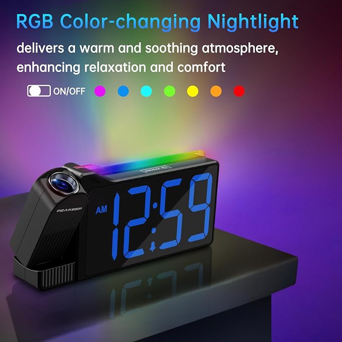 Peakeep Projection Alarm Clock for Bedroom Ceiling with Colorful Nightlight - Image 4
