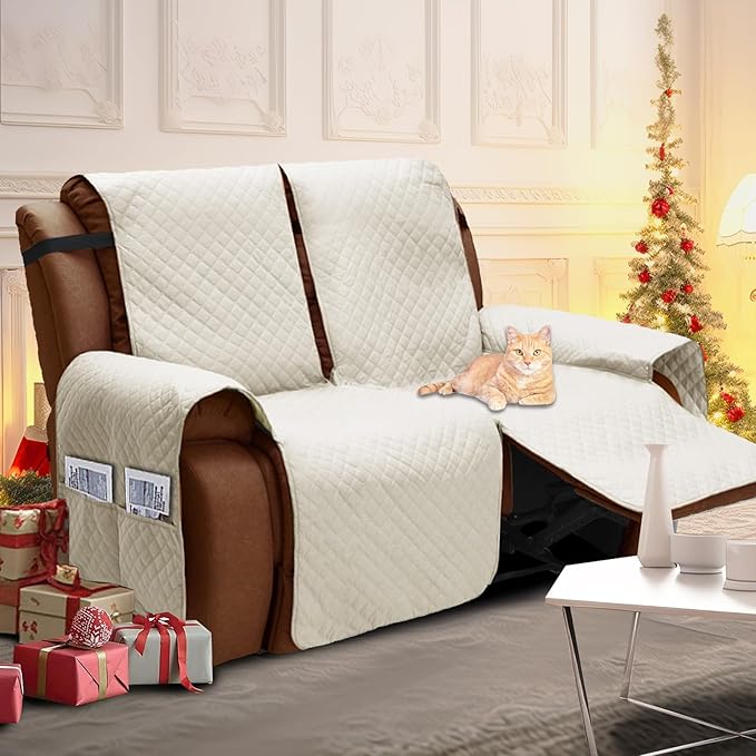 XINEAGE Water Resistant Recliner Cover, 2 Seat Loveseat Covers with Pockets, Quilted Thick Protector Cover for Dog Pets with Non Slip Backing and Strap (Beige)