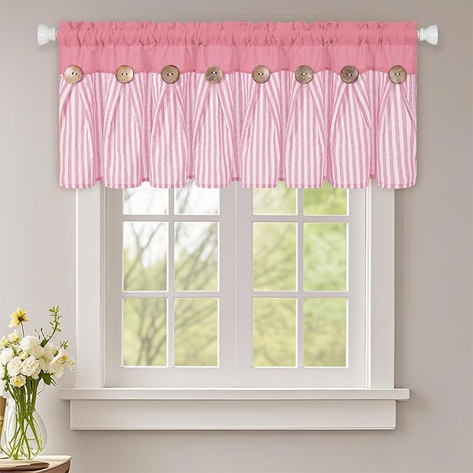 ASPMIZ Farmhouse Cotton Linen Valances for Windows, Boho Kitchen Curtains Valances with Rustic Button, Pink Striped Window Treatments Curtain Valance for Bathroom Cafe, 52 x 18 Inch, 1 Pannel