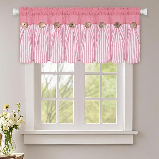 ASPMIZ Farmhouse Cotton Linen Valances for Windows, Boho Kitchen Curtains Valances with Rustic Button, Pink Striped Window Treatments Curtain Valance for Bathroom Cafe, 52 x 18 Inch, 1 Pannel