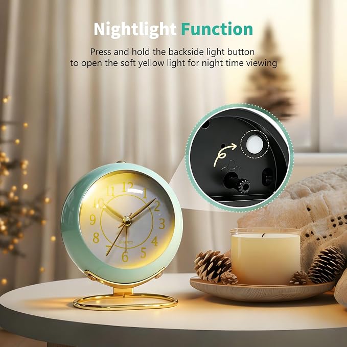 Analog Alarm Clock, Retro Small Desk Clock with Night Light, Backlight Cute Simple Design, Silent Non-Ticking, Battery Powered, Clock for Bedroom,Travel,Kitchen,Bedside Desktop Decor - Image 5