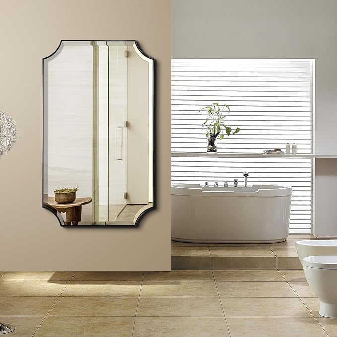 POZINO Rectangle Beveled Mirror, 24"x40" Modern Bathroom Vanity Mirror for Over Sink, Matte Black Rounded Corner Oblong Mirrors for Living Room Bedroom Entryway, Horizontal or Vertical Hanging