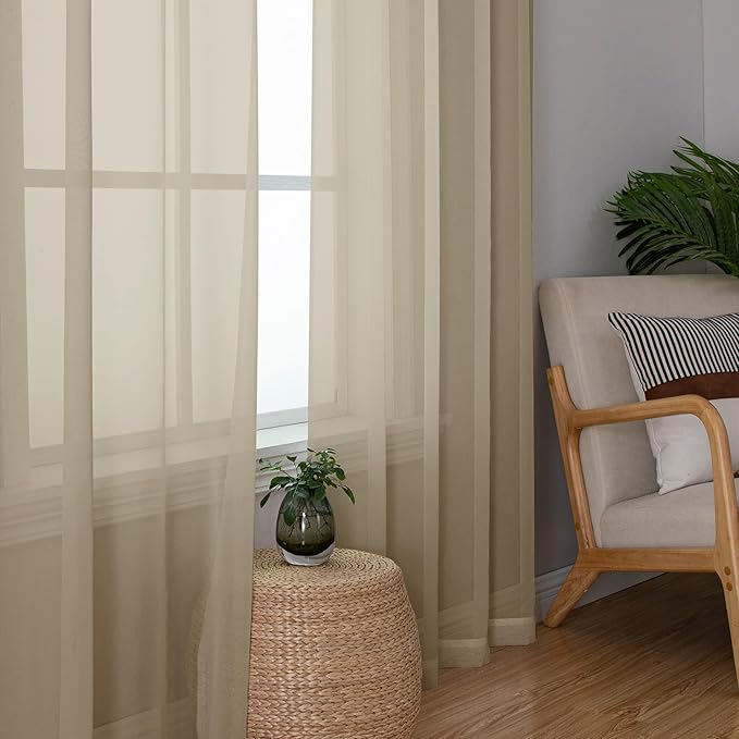 Lecloud Taupe Sheer Curtains 84 Inches Long 2 Panels, Light Filtering Solid Voile Sheer Tan Curtain for Kid's Room/Bedroom/Living Room, Top Dual Rod Pockets Stylish Breathable Window Drapes, 40W x 84L