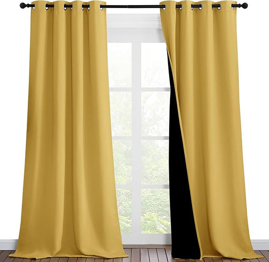 NICETOWN Bright Yellow Full Shade Curtain Panels, Pair of Thermal Insulated & Energy Efficiency Blackout Drapes for Living Room Windows, Lined Silky Performance Window Dressing (46" Wide x 90" Long)