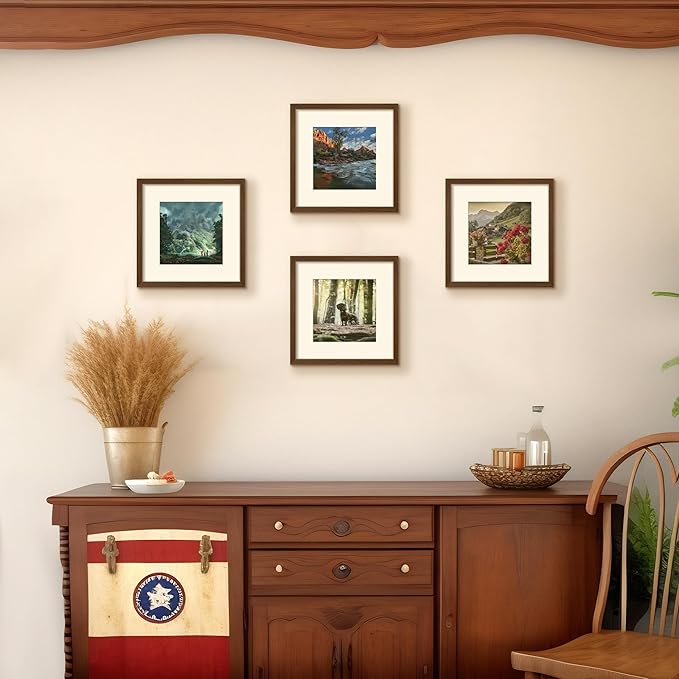 upsimples 12x12 Picture Frame, Display Pictures 8x8 with Mat or 12 x 12 Without, Wall Hanging Square Frames, Brown, 1 Pack