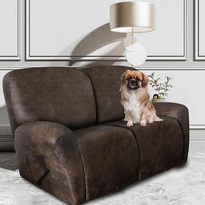 ANARACHON Leather Look Loveseat Recliner Covers Stay in Place 6-Piece Recliner Sofa Slipcover 2 Seater Reclining Couch Cover Furniture Protector Spandex Fabric Washable (Recliner Loveseat, Brown)