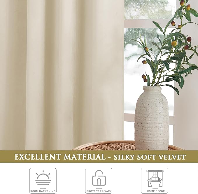 StangH Beige Velvet Curtains 84 inches Long 2 Panels for Nursery, Luxury Light Dimming Curtains & Drapes Thermal Insulated Farmhouse Home Decor for Dining Room/Patio, W42 x L84
