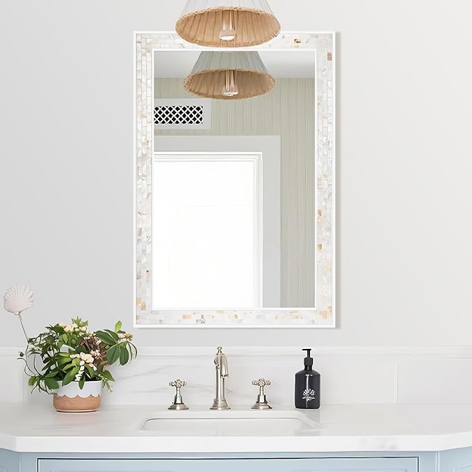 Tanmicoshomy White 24 x 36 Inch Rectangle Bathroom Mirrors for Wall, Natural Shell Inlay Mosaic Mirrors with Tempered Glass for Bedroom, Living Room or Entryway, Horizontal or Vertical Hanging