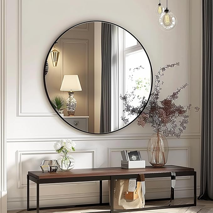 Sunniry Round Mirror 28 inch, Round Black Mirror, Circle Bathroom Mirrors Metal Frame, Wall Mounted Circle Mirrors for Bathroom, Living Room, Hallway, Farmhouse.