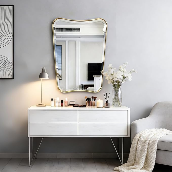 POZINO Irregular Beveled Mirror, 24"x36" Modern Bathroom Vanity Mirror, Brushed Gold Aesthetic Mirrors with Stainless Steel Frame, Butterfly Shape Wall Mirrors for Bedroom Living Room Entryway