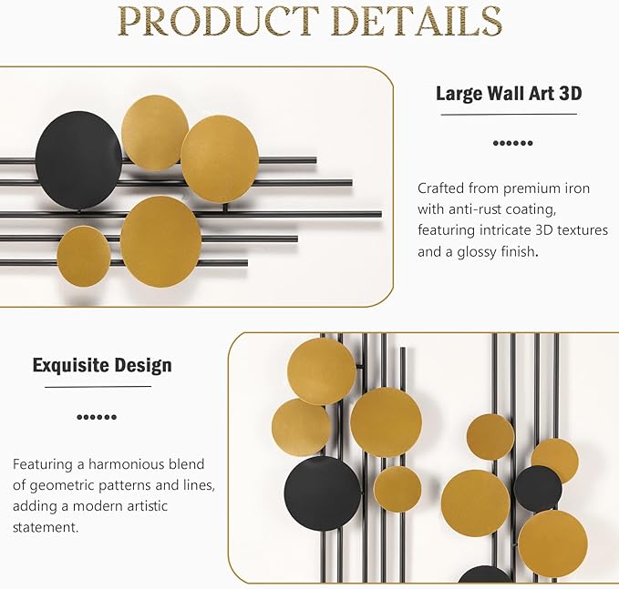 HYVAKUPPA 2 Pieces Large Metal Wall Decor 3D Modern Aesthetic Wall Sculptures 11.2''x 38.8''Luxury Geometric Circular Decor Wall Art Artwork for Bedroom Dining Living Room Wall Decorations