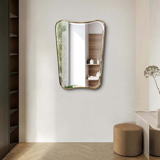 POZINO Brushed Gold Beveled Mirror, 22"x30" Premium Bathroom Vanity Mirror with Stainless Steel Frame, Antique Brass Butterfly Shape Aesthetic Wall Mirrors for Living Room Bedroom Hallway Entryway