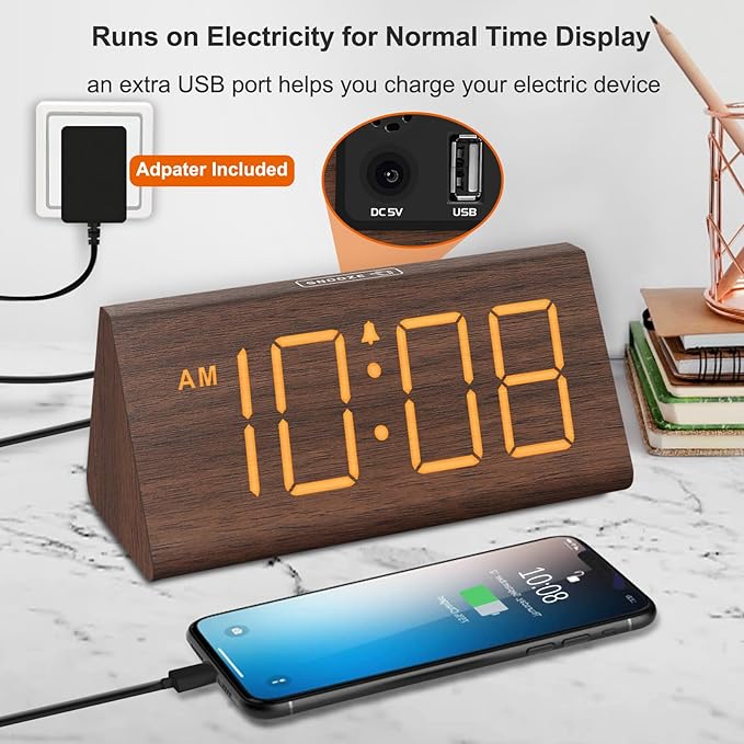 DreamSky Wooden Digital Alarm Clocks for Bedrooms - Electric Desk Clock with Large Numbers, USB Port, Loud Alarm for Heavy Sleepers, Adjustable Volume, Dimmer, Snooze, DST, Wood D??cor, Adapter Powered